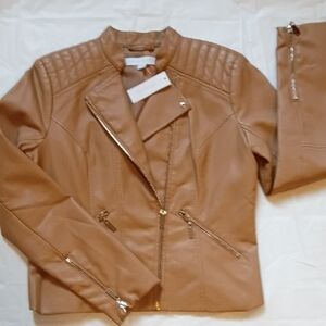 New York & Company Faux Leather Motto Jacket Coat Side Zip NWT S-M